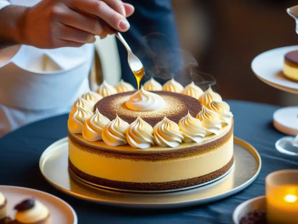 Un chef italiano innovador decora un tiramisú en un festival, rodeado de una multitud expectante