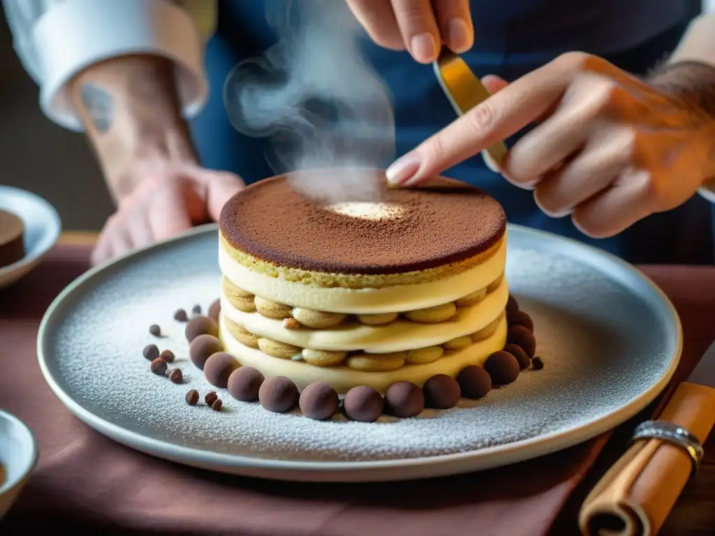 Un chef italiano preparando un Tiramisú tradicional con precisión y gracia