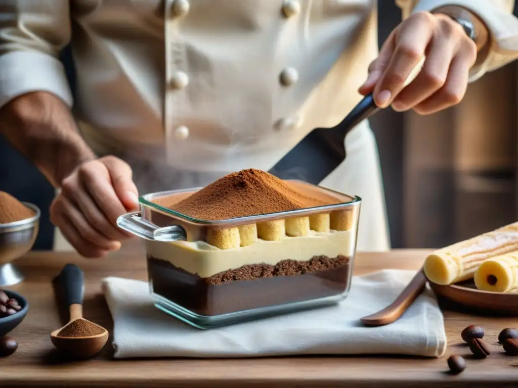 Un chef italiano crea un tiramisù con utensilios esenciales de cocina italiana