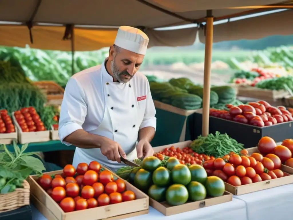 Un chef italiano seleccionando tomates frescos en un bullicioso mercado de Toscana, ingredientes premium cocina italiana