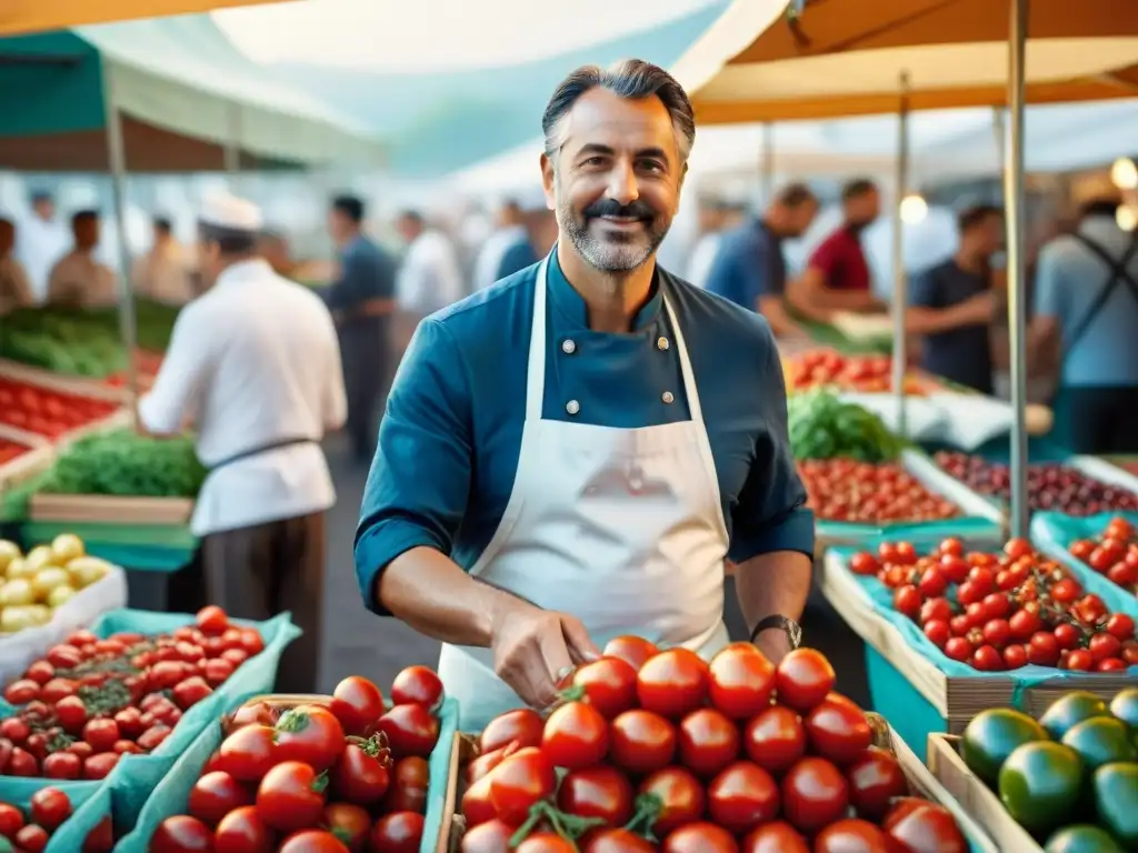 Chef italiano seleccionando tomates frescos en mercado bullicioso de Italia