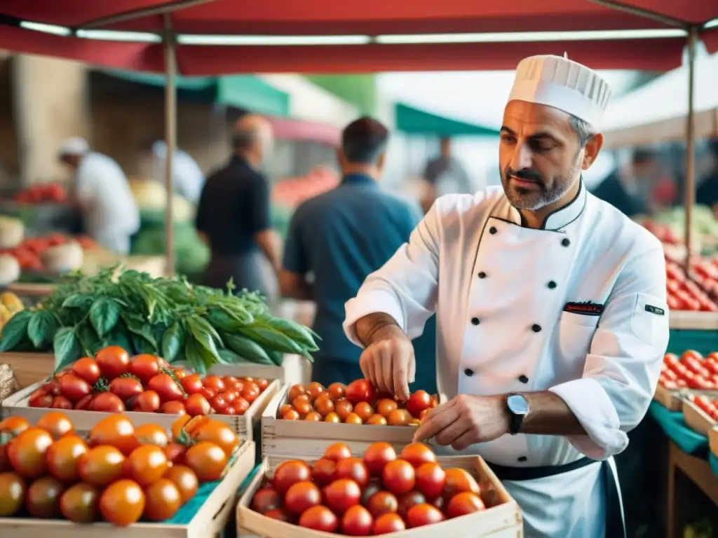 Un chef italiano selecciona tomates frescos en un animado mercado al aire libre, creando una escena vibrante de la auténtica cocina italiana