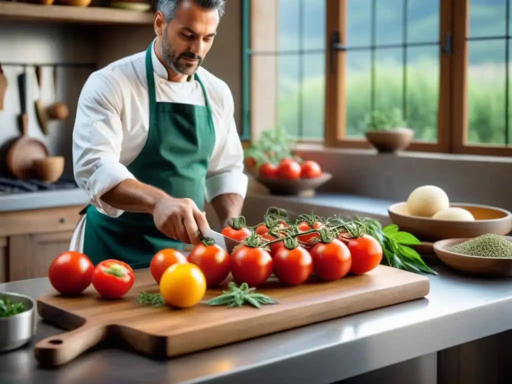 Chef italiano cortando tomates frescos en una cocina toscana, preparándose para cursos de cocina italiana con ingredientes frescos