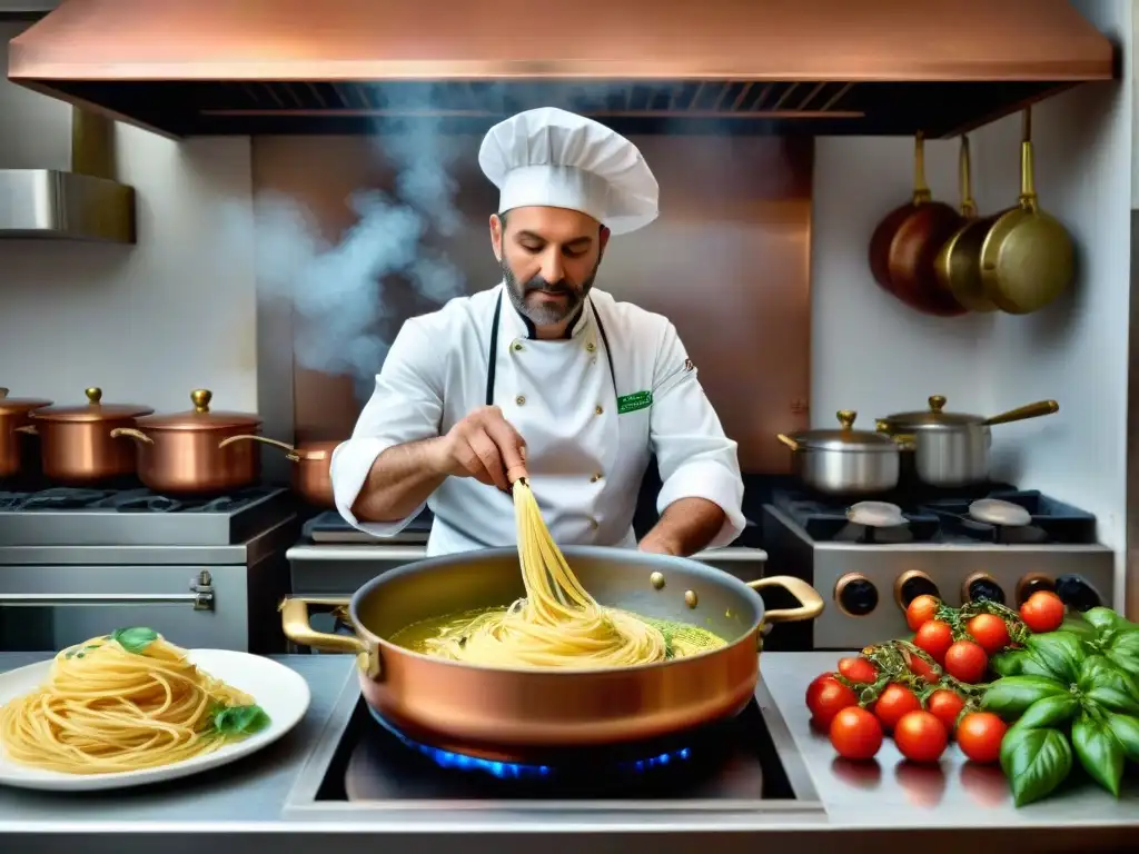 Un chef italiano tradicional en una cocina bulliciosa de la región Centro, rodeado de ingredientes frescos