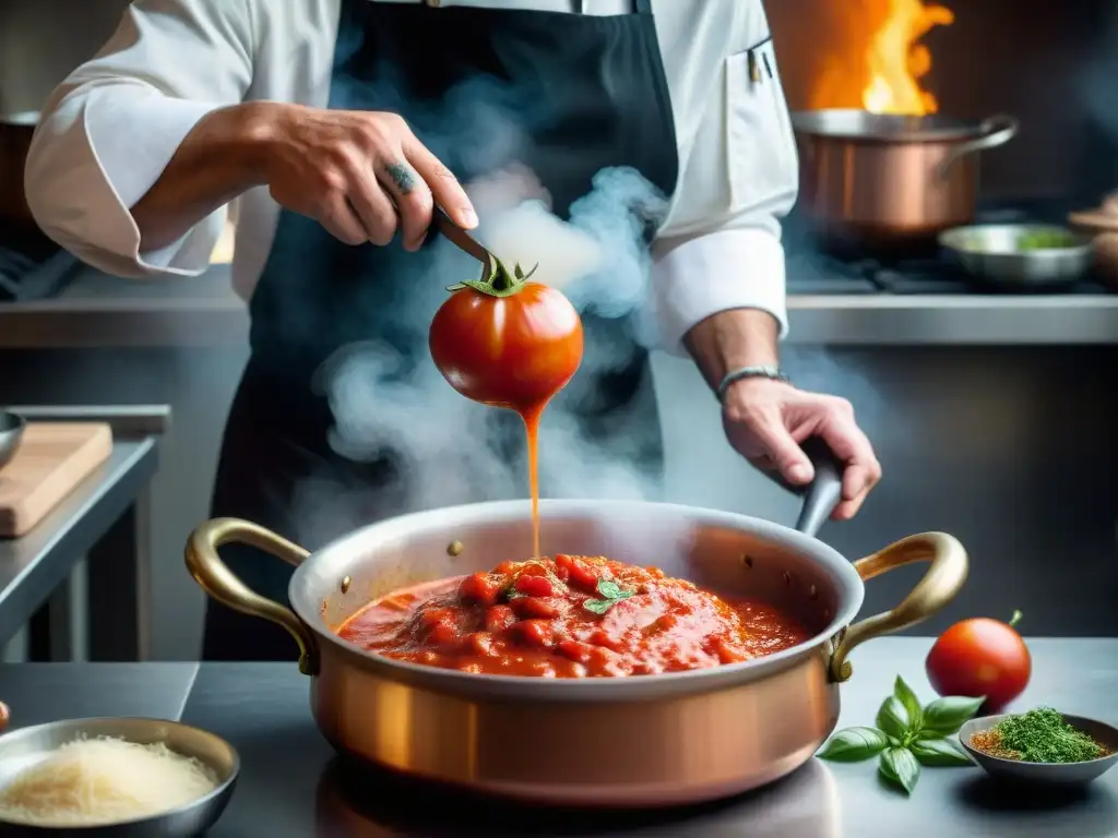 Un chef italiano tradicional experto elaborando una rica salsa de tomate en una olla de cobre brillante