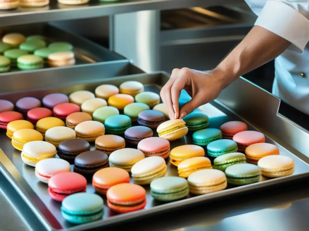 Un chef italiano tradicional experto en repostería, decorando macarons con destreza en su cocina