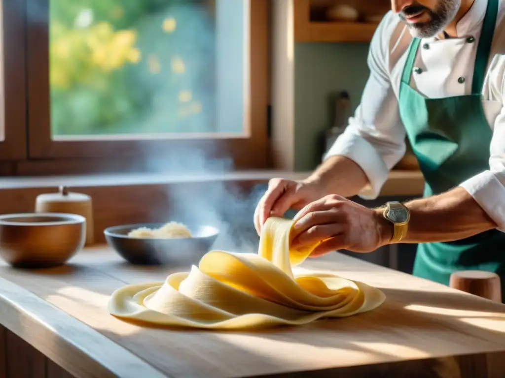 Un chef italiano tradicional experto en cocina sin gluten, amasa la pasta a mano en una cocina rústica con luz dorada