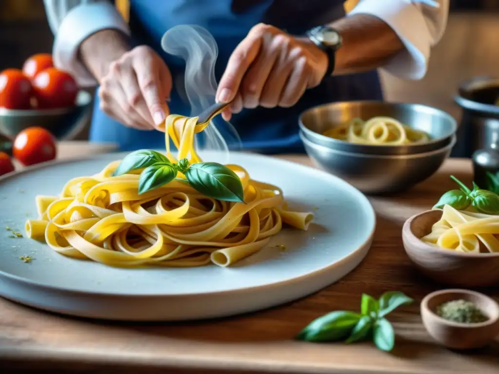 Un chef italiano tradicional prepara un plato de pasta clásico con sabores antiguos en una cocina rústica, evocando nostalgia y experticia culinaria