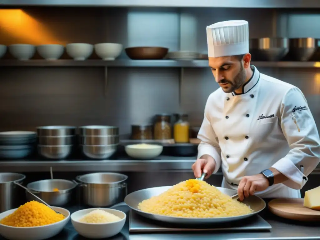 Un chef italiano tradicional preparando risotto alla Milanese en una cocina bulliciosa