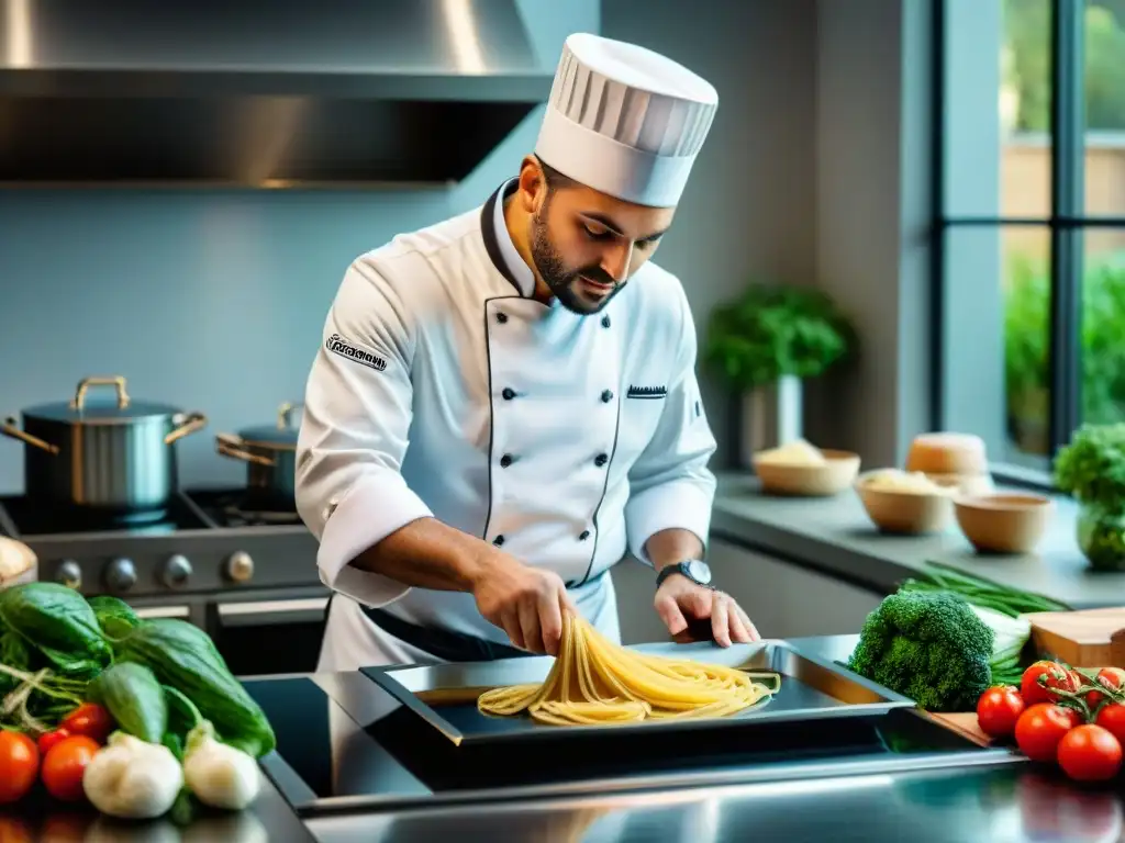 Un chef italiano tradicional usando tecnología moderna para crear un plato de pasta clásico