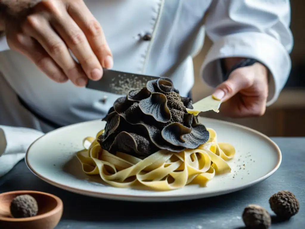 Chef italiano rallando trufa negra fresca sobre tagliatelle casera en ruta gastronómica trufas cocina italiana