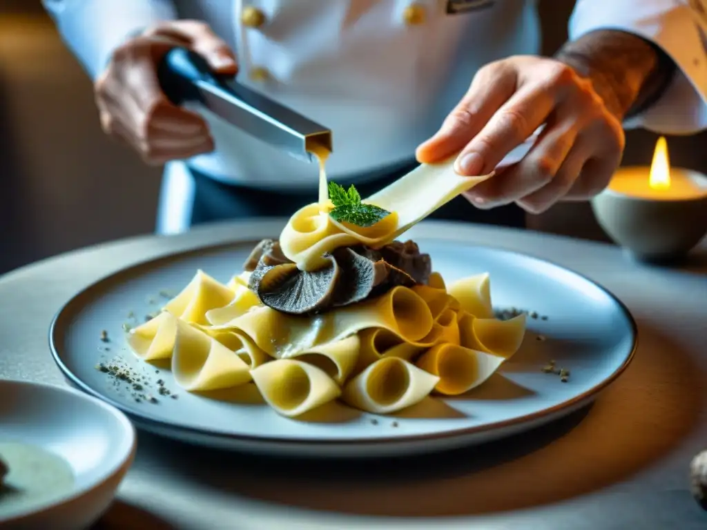 'Chef italiano rallando trufas blancas sobre pasta casera, creando una escena culinaria lujosa y deliciosa'