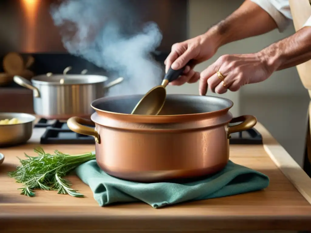 Un chef italiano cuidadosamente abrillantando un utensilio de cocina italiano antiguo, en un ambiente cálido y acogedor de una cocina tradicional