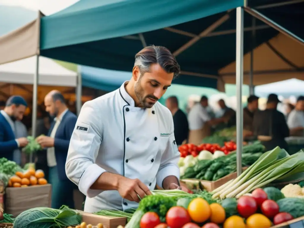 Chef italiano seleccionando verduras orgánicas en un mercado de Toscana, enfoque en la sostenibilidad y pasión culinaria