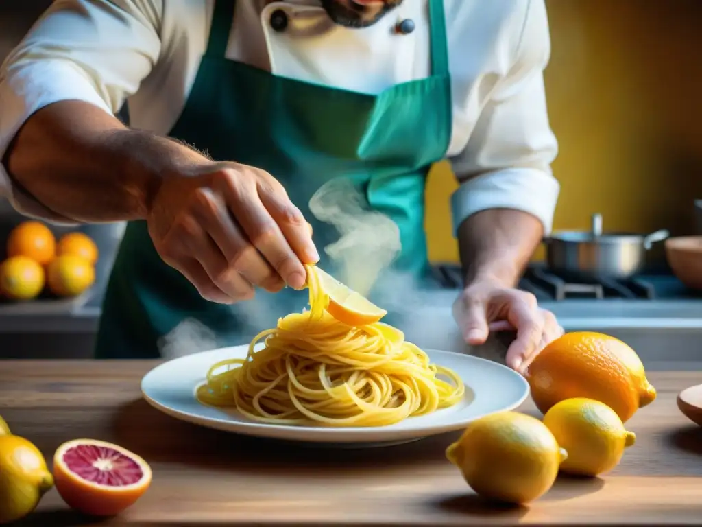 Un chef italiano zesta limón sobre pasta fresca en una cocina tradicional italiana con cítricos