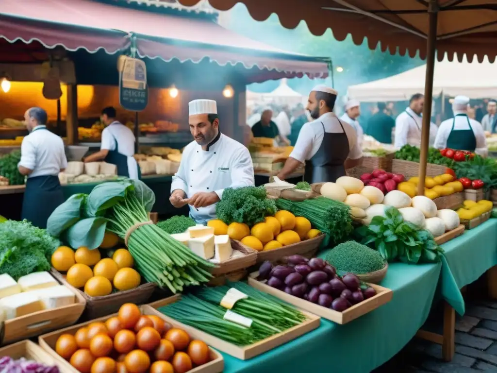 Chef italianos seleccionando ingredientes frescos en un bullicioso mercado italiano