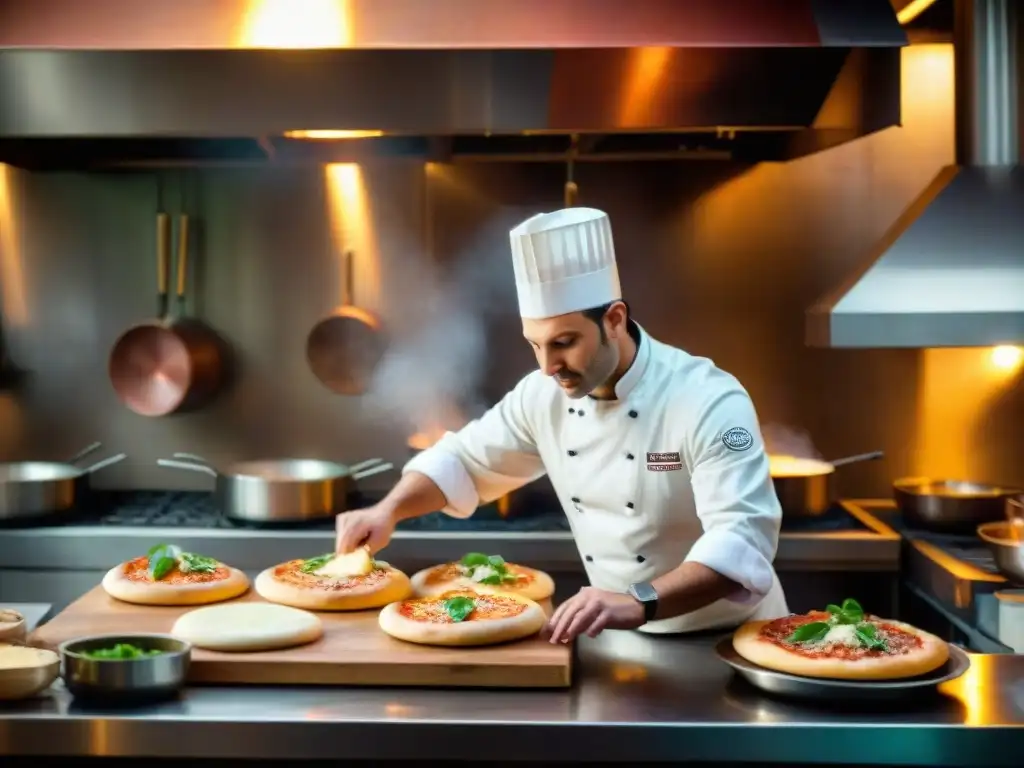 Chef italianos preparando platos tradicionales en una animada cocina italiana