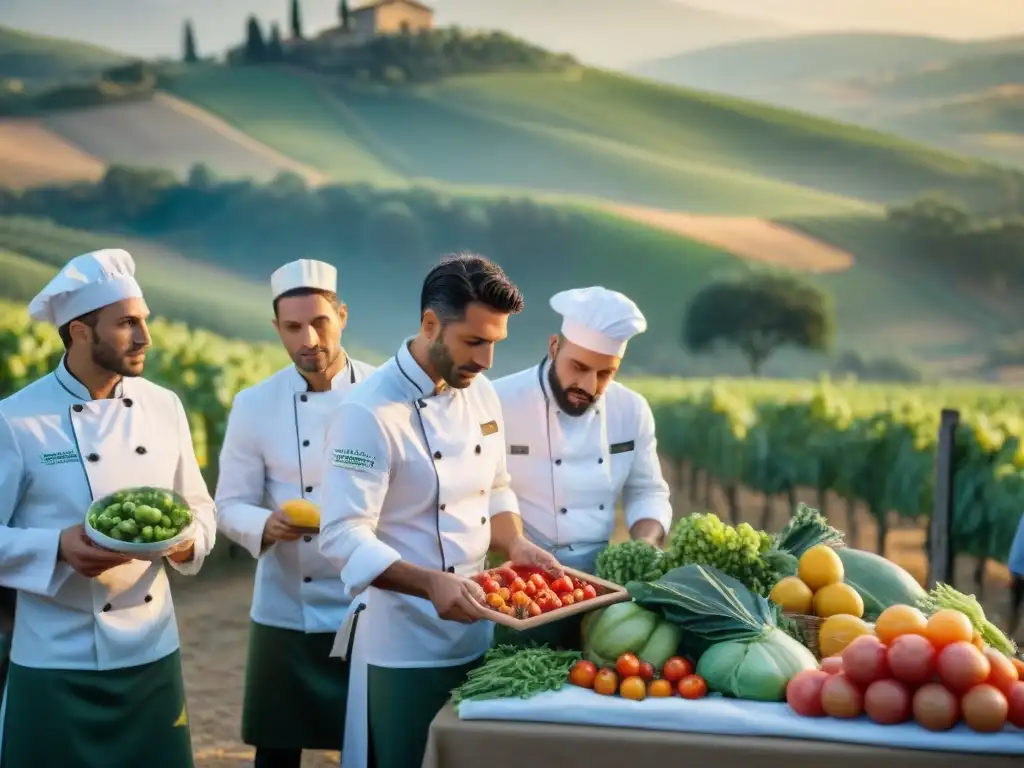 Chef italianos seleccionando productos en mercado de Toscana, comprometidos con menús sostenibles y cambio climático