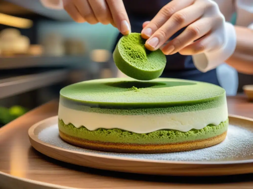 Un chef japonés detalladamente decora un Tiramisú con polvo de matcha en Tokio