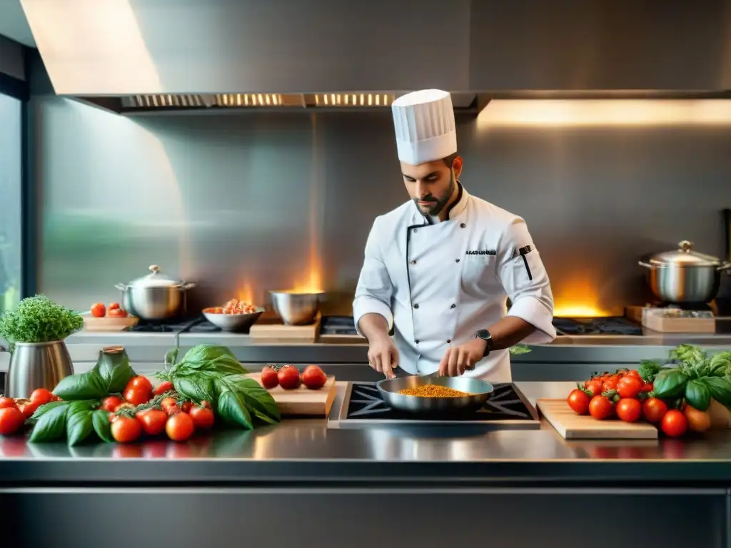 Un chef joven reinventa platos italianos con creatividad en una cocina moderna