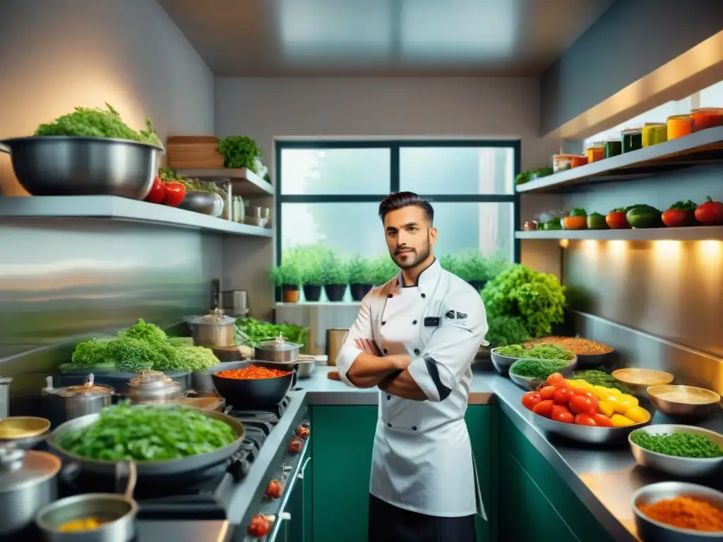 Un chef joven preparando un revuelto de verduras en una bulliciosa cocina italiana vegana y vegetariana