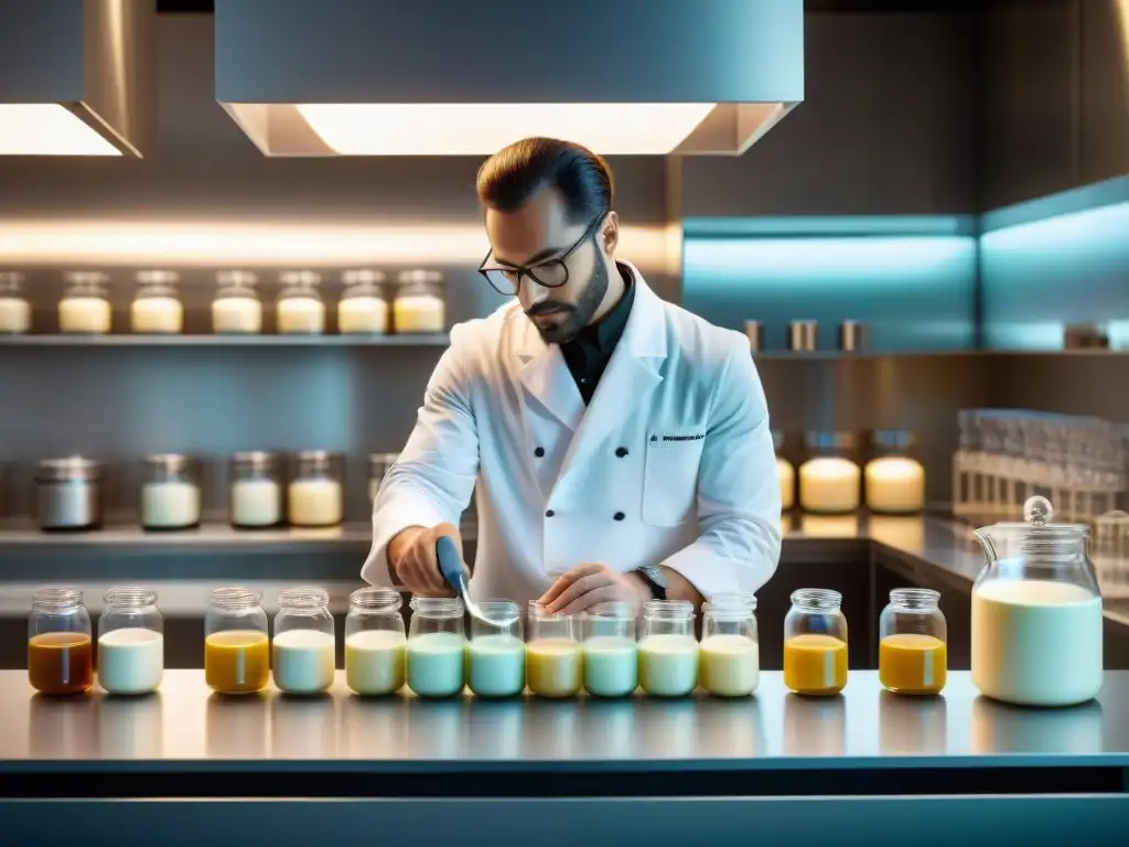 Un chef en un laboratorio moderno preparando Panna Cotta con técnicas moleculares