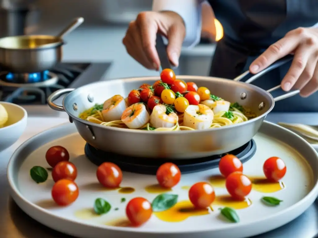 Un chef prepara langostinos estilo italiano con precisión en una cocina tradicional