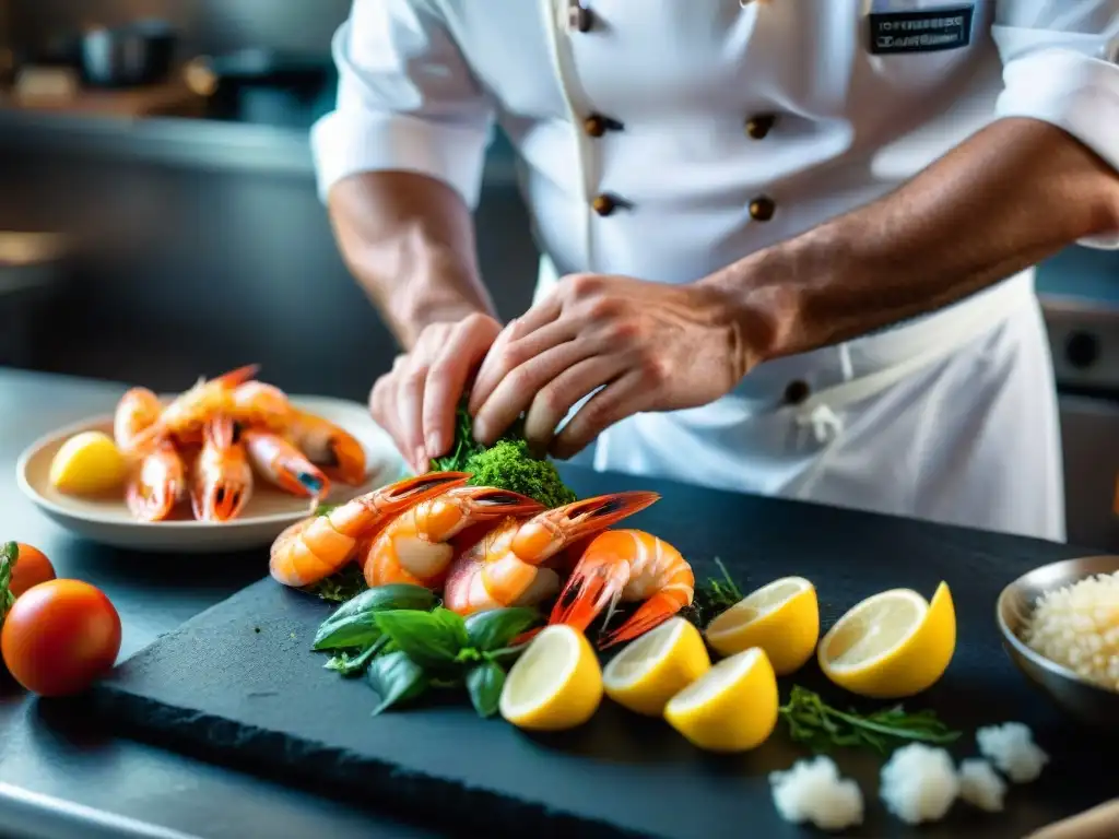 Un chef prepara langostinos estilo italiano con destreza en cocina rústica