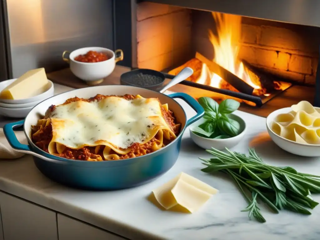 Un chef prepara una lasaña tradicional en una cocina italiana rústica