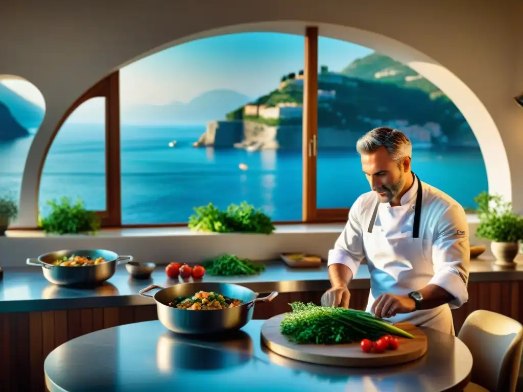 Un chef ligur experto preparando platos modernos en una cocina con vista al mar de Liguria