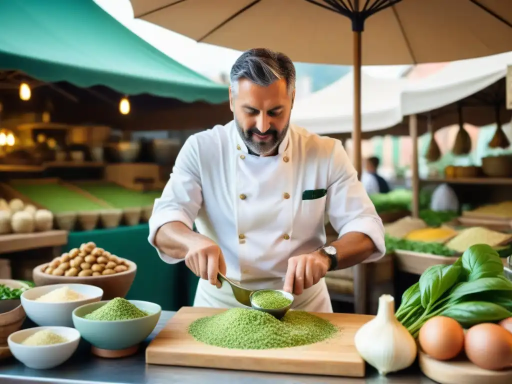 Un chef liguriano preparando pesto alla genovese en un mercado al aire libre con ingredientes frescos