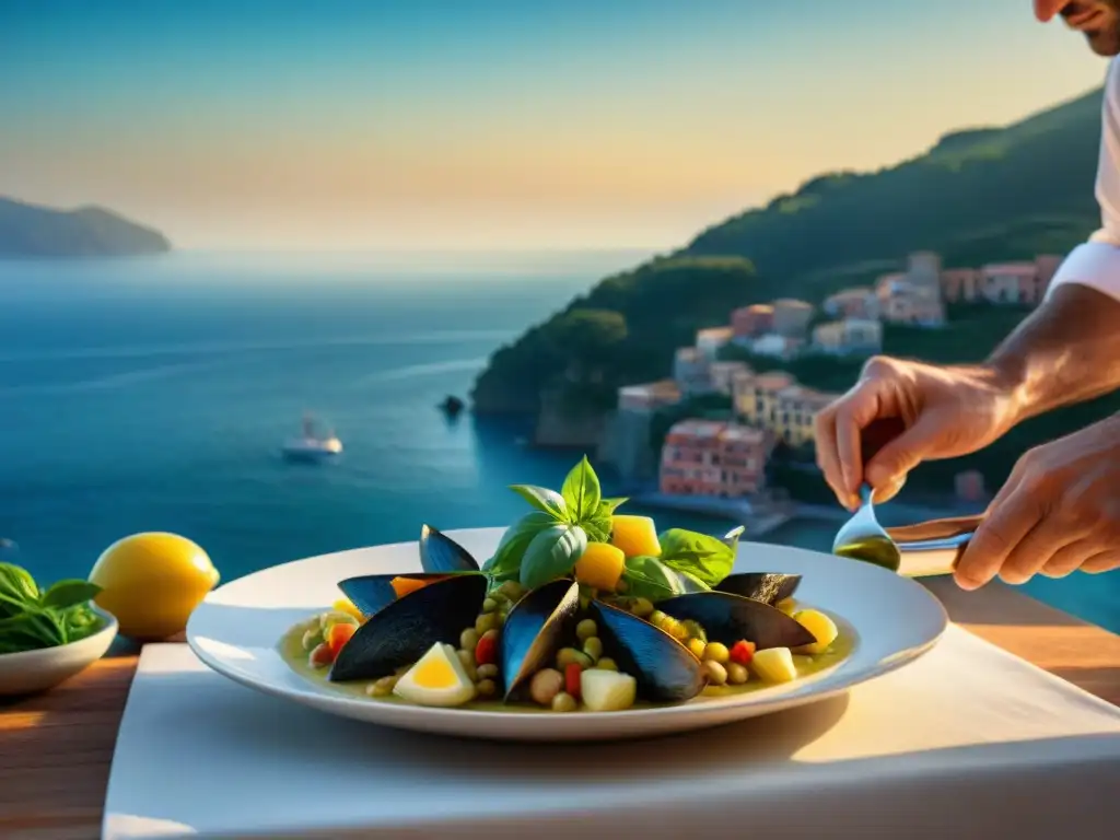 Un chef liguriano prepara un plato tradicional frente a la costa, reflejando la esencia de la cocina italiana Liguria platos modernos