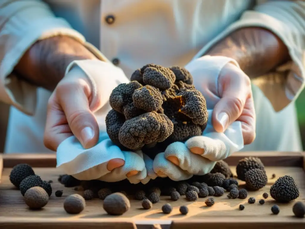 Un chef limpia con delicadeza una trufa negra recién cosechada en una cocina italiana rústica