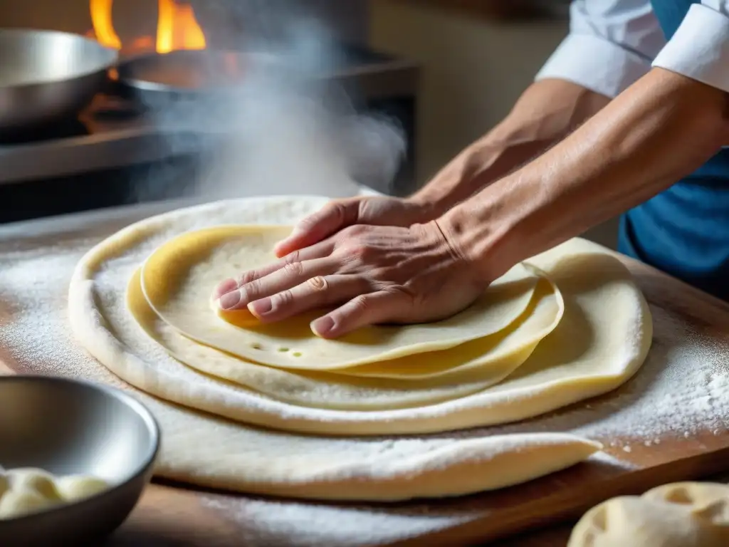 Un chef local en Emilia-Romaña preparando con destreza una auténtica receta de piadina romagnola