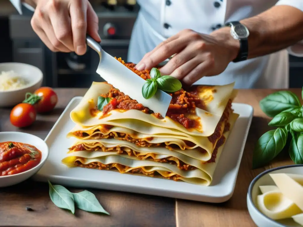 Un chef elaborando con maestría una receta auténtica de lasaña italiana, con manos detalladas y tatuajes de ingredientes italianos