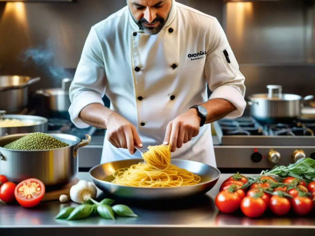 Un chef maestro en una bulliciosa cocina italiana, creando platos clásicos con ingredientes vibrantes