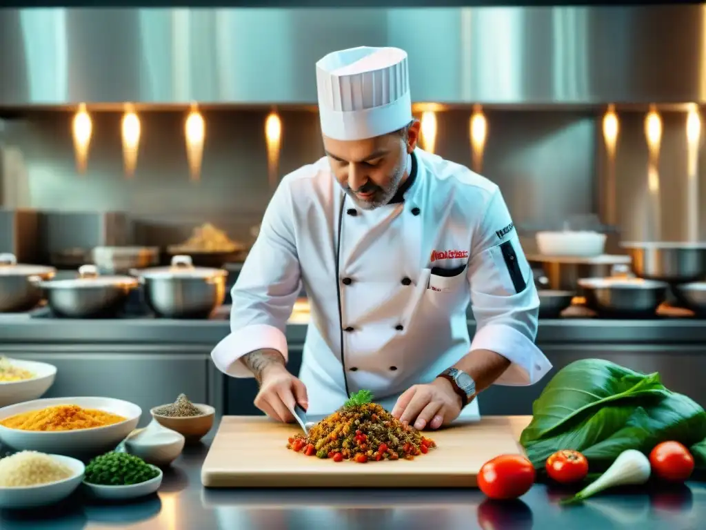 Un chef maestro en una cocina bulliciosa fusionando ingredientes de todo el mundo con la cocina italiana