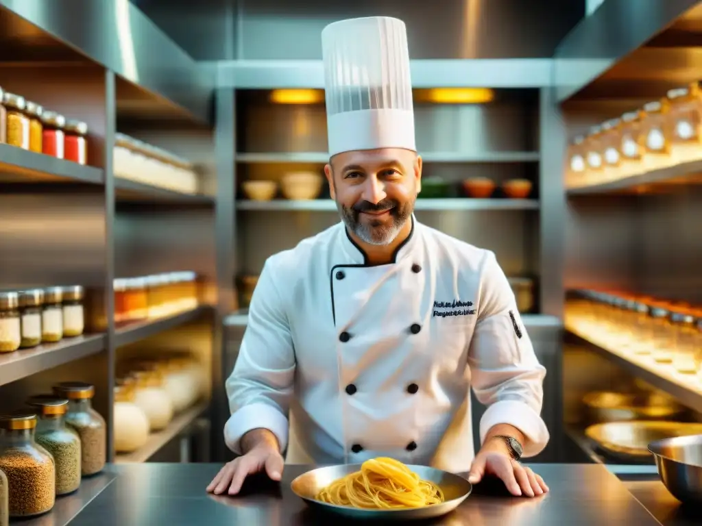 Un chef maestro en un elegante restaurante italiano de alta gama preparando pasta fresca a mano