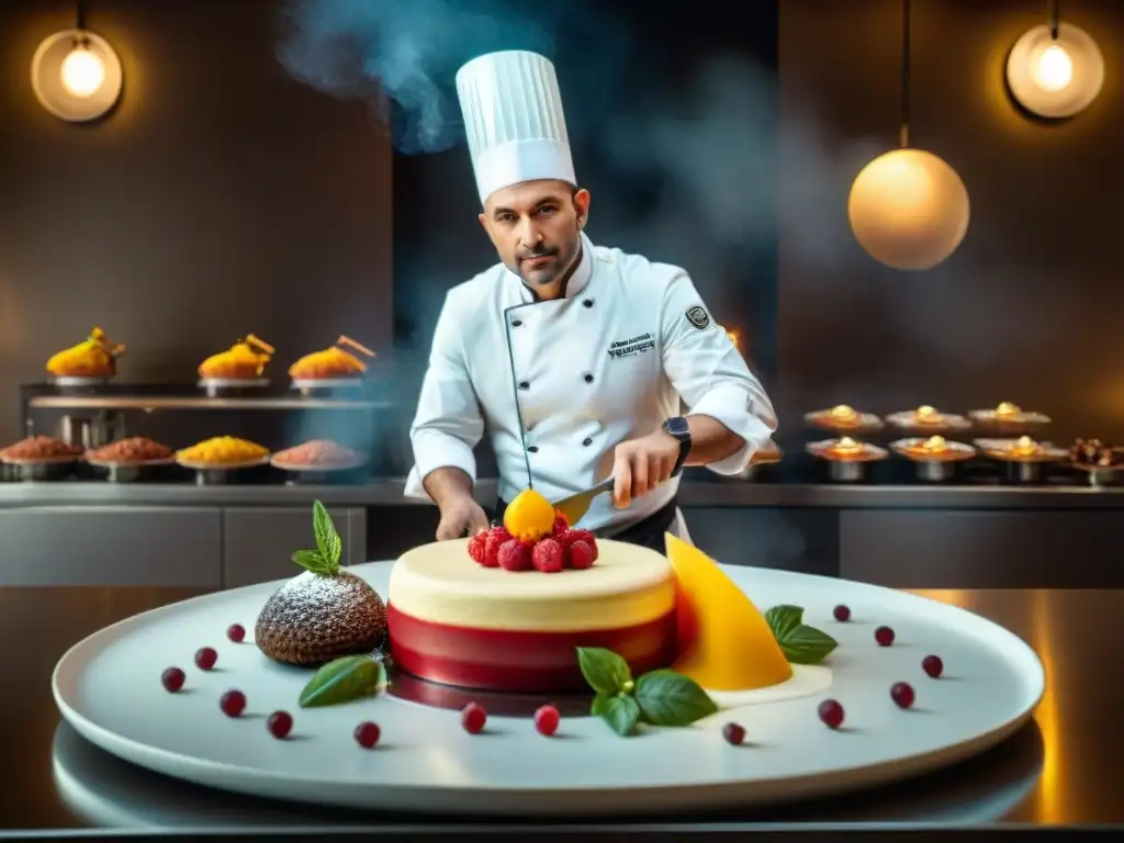 Un chef maestro crea postres italianos innovadores en un restaurante moderno