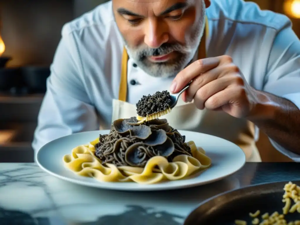 Un chef maestro delicadamente rallando una rara trufa negra sobre pasta artesanal