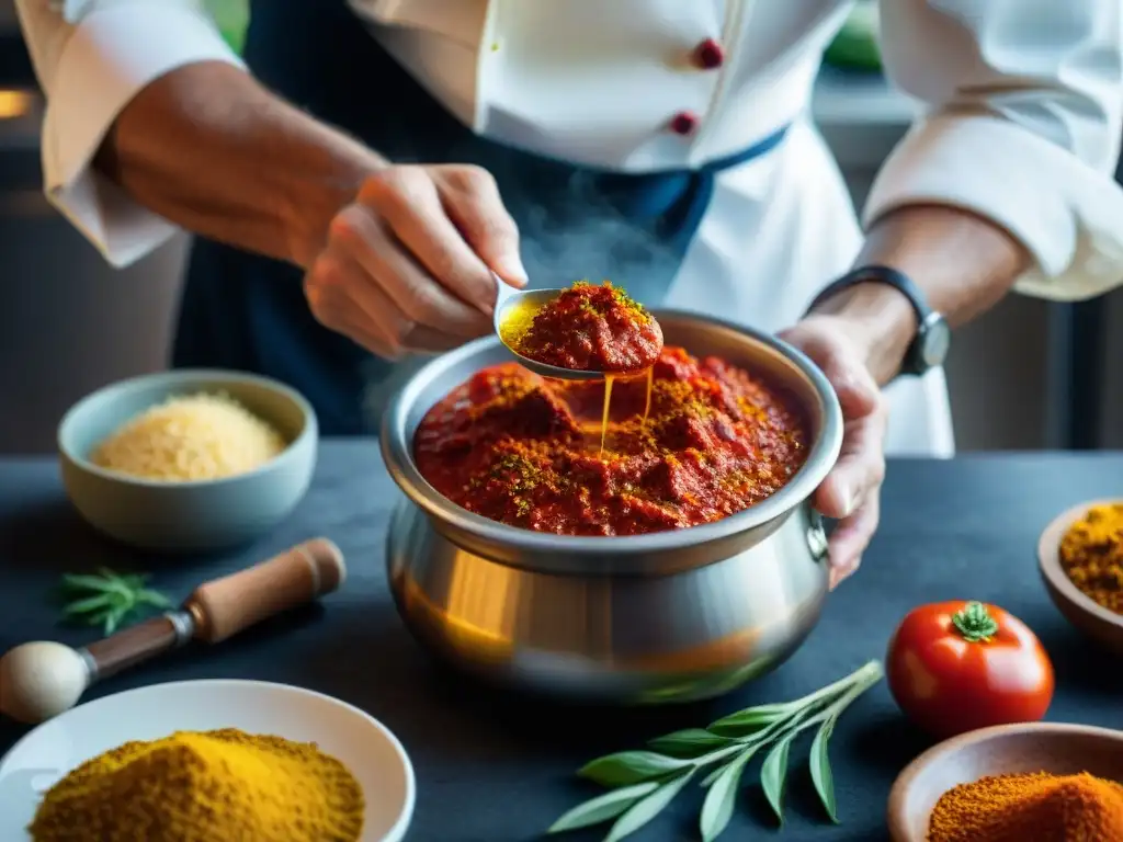 Un chef maestro introduce sabores exóticos a la cocina italiana con una mezcla vibrante de especias sobre una olla de salsa de tomate