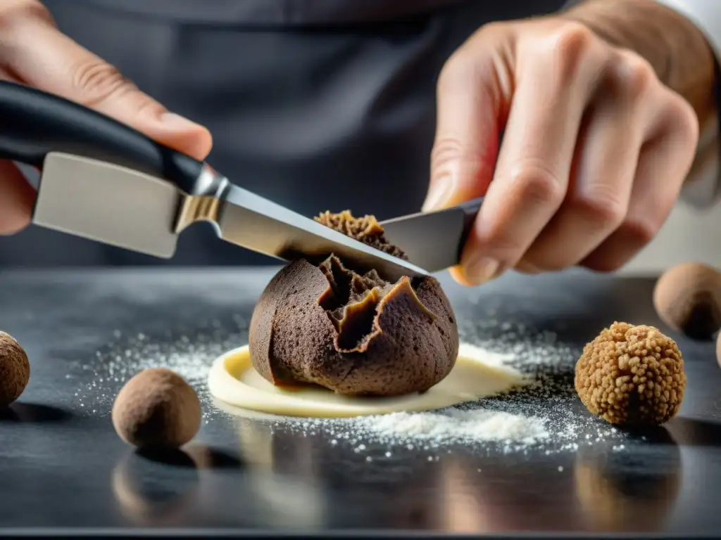 Un chef maestro cortando trufas con un cuchillo italiano