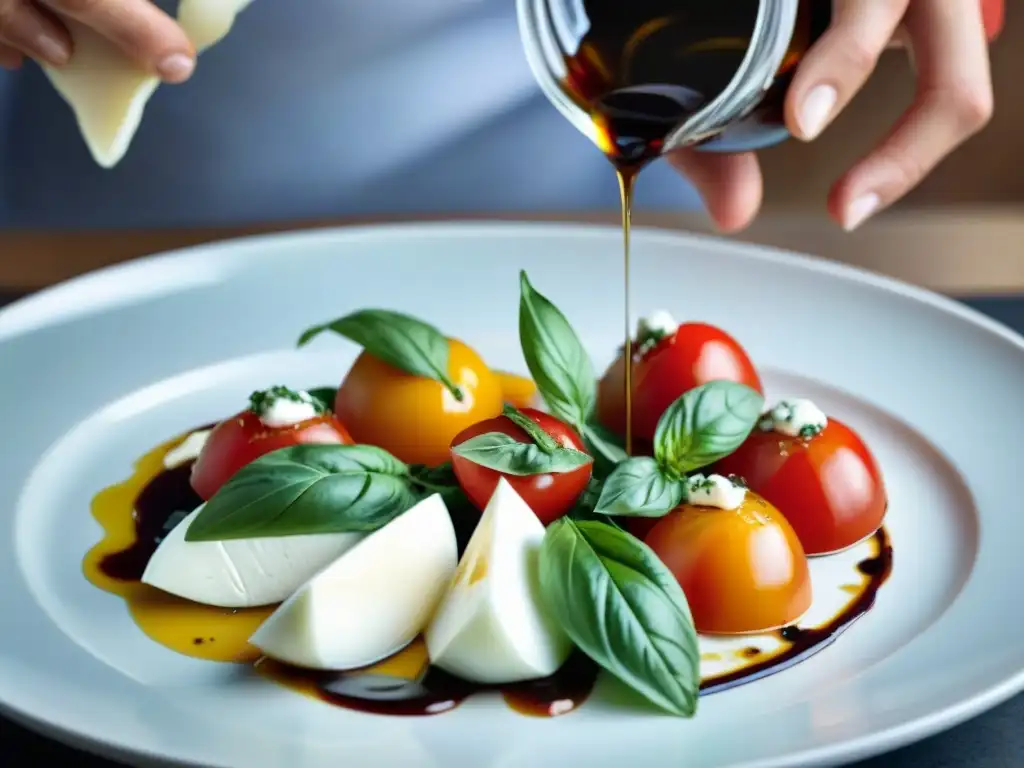 Un chef maestro sirviendo vinagre balsámico sobre una ensalada Caprese, destacando los detalles de tomates y mozzarella