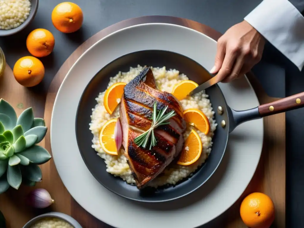 Un chef prepara un magistral Pato a la naranja con risotto, fusionando técnicas culinarias francesas e italianas