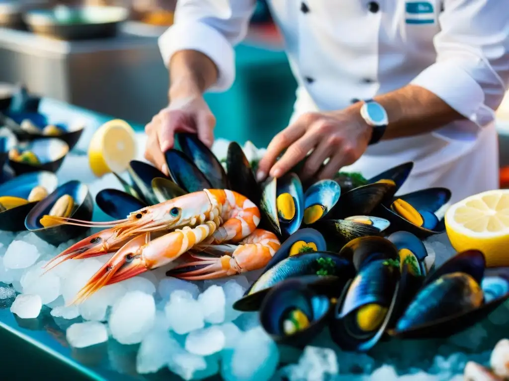 Un chef hábil arregla mariscos frescos en hielo, mostrando prawns, mejillones, almejas y calamares, en un bullicioso mercado de pescado