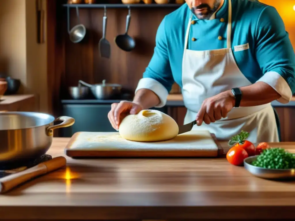 Un chef amasando masa en una cocina italiana tradicional, con ingredientes coloridos y una receta clásica abierta