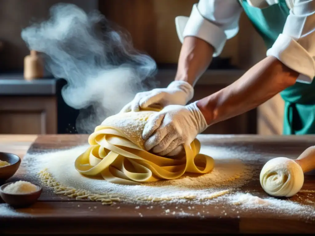 Chef amasando masa para pasta italiana en ambiente auténtico