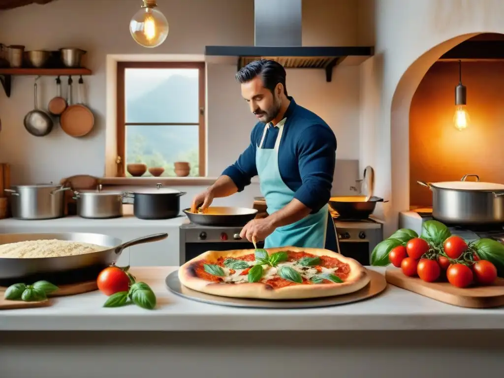 Un chef estira masa de pizza en una cocina italiana tradicional