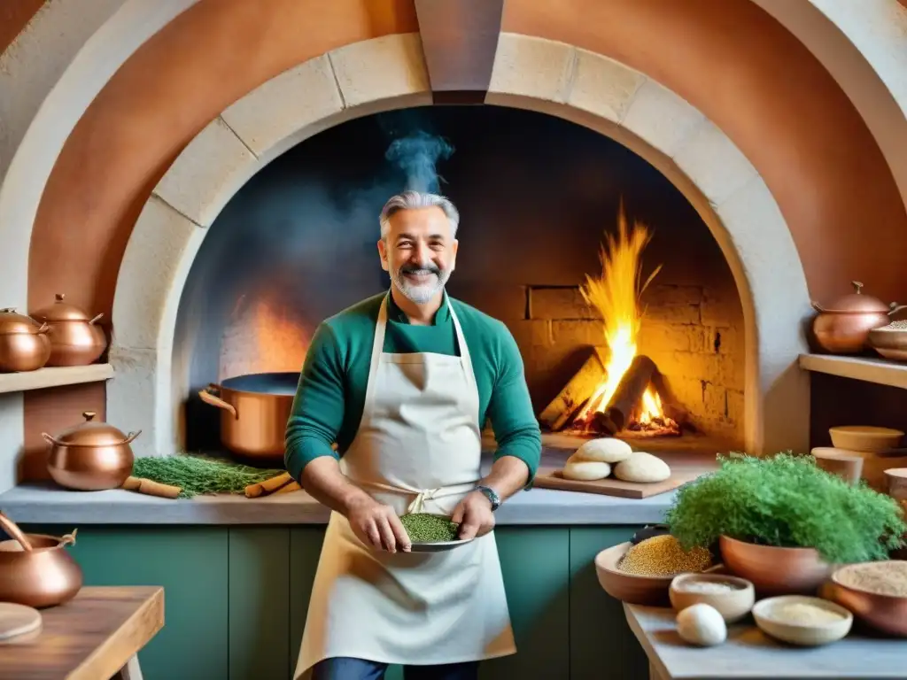 Un chef hábil amasa masa para pizza en una cocina rústica italiana con un horno de leña como punto focal