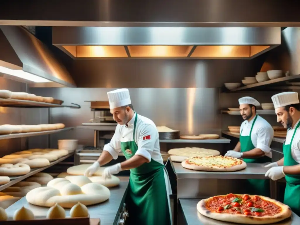 Chef lanzando masa de pizza en cocina italiana tradicional, horno de leña al fondo y estantes llenos de ingredientes italianos vibrantes